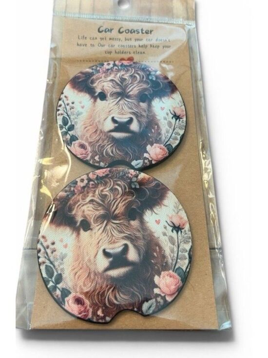 Unbranded Other - Highland Cow Car Coasters Cute Set of 2 New Gift